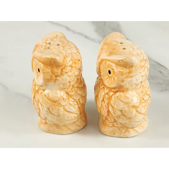 Owl Salt & Pepper Shakers 3 1/2" Ceramic Glazed 90s Tan Peach Home Decor Vintage - Picture 5 of 14